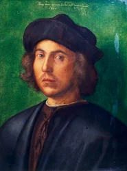 アルブレヒト・デュラー（1471-1528）の「若い男の肖像」、パネルに油彩、47x35 cm