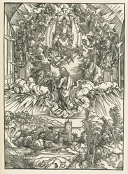 神と天国の24人の長老の前の聖ヨハネ。聖ヨハネの黙示録 1496年頃（木版画）