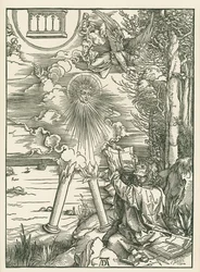 天使から贈られた書物を貪る聖ヨハネ。聖ヨハネの黙示録 1498年頃（木版画）