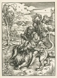 ライオンを殺すサムソン 1497-98年頃 （木版画）