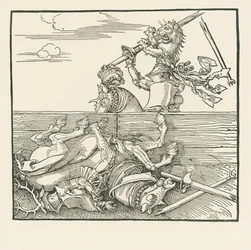 外国人トーナメント。対戦相手のヤコプ・デ・ヘリを鞍から降ろしたマクシミリアン 1517-18年頃（木版画）