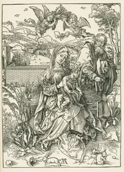 三羽のウサギと聖家族》1497年頃（木版画）