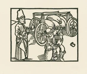 司祭が荷車に袋を載せ、麦を入れる様子（1489-90年頃）（木版画