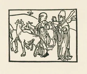 牛を追い出す法衣姿の司祭と、その前を行く侍女 1489-90年頃 （木版画）