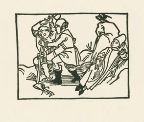 草原に横たわる司祭、空洞の石の上でカラスが鳴いている（1489-90年頃の木版画）