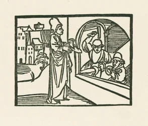 金細工師に靴を渡す司祭 1489-90年頃 （木版画）