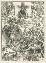 太陽をまとった女と七つの頭を持つ竜。聖ヨハネの黙示録 1497年頃（木版画）