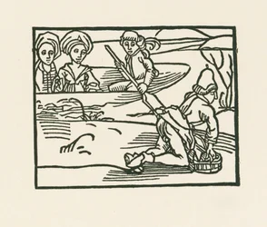 公爵夫人がボートに乗り、司祭が下着を洗っている水上、1489-90年頃（木版画）