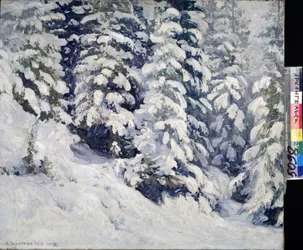 冬の森。 Alexander Alexeyevich Borisov (1866-1934) による絵画。 キャンバスに油彩、78 x 90 cm