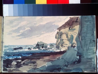 サーフ。 崖の近くのビーチの眺め。 Alexander Andreyevich Ivanov（1806-1858）の作品、紙に水彩