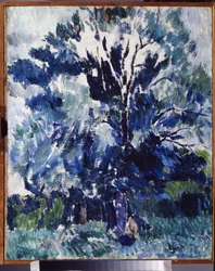 ""田舎。 アレクサンダー・ダヴィドヴィッチ・ドレヴィン（1889-1938）による絵画「木の下」1923年、カルーガ地方美術館