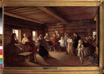 田舎の学校で。 Alexander Ivanovich Morozov（1835-1904）による絵画、キャンバスに油彩