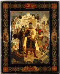 Yaroslav Vladimirovich は、ワイズ (978-1054)、キエフ (ウクライナ) の大公 (Yaroslav The Wise) と述べました。 アレクサンダー・モロゾフの作品、ラッカー（ワニスにテンペラ）