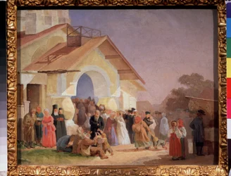 プスコフ（ロシア）の教会から出てくる。 Alexander Ivanovich Morozov（1835-1904）による絵画、キャンバスに油彩