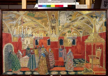 クレムリンで。 モデスト・ムソルグスキー（1839-1881）によるオペラ「ボリス・ゴドゥノフ」の準備図（クレムリンにて。M.ムソルグスキーによるオペラ「ボリス・ゴドゥノフ」のセットデザイン）。 Alexander Yakovlevich Golovin (Alexander Golovin) (1863-1930) の作品、水彩、