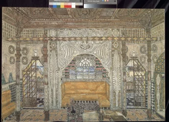 ウィリアム・シェイクスピア (1564-1616) の作品「オセロ」の装飾準備 (ウィリアム・シェイクスピアによる劇「オセロ」の舞台デザイン) - Peinture de Alexander Yakovlevich Golovin (Alexandre Golovine) (1863-1930)、tempera sur bois