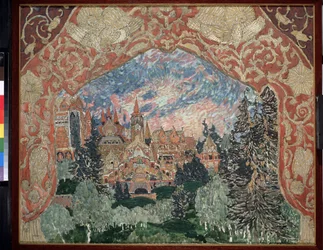 Arseny Korechchenko (1870-1921) によるオペラ「魔法の鏡」の準備装飾 (A.Koreshchenko によるオペラ「魔法の鏡」の舞台デザイン)。 装飾されたカーテンに囲まれた、森の中のロシアの町の描写。 Alexander Yakovlevichによるアートワーク