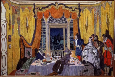 Alexandre Dargomyjski (1813-1869) によるオペラ「Le guest de pierre」の準備装飾 (オペラ The Stone Guest の舞台デザイン、A. Dargomyzhsky による)。 Alexander Yakovlevich Golovin（Alexander Golovin）（1863-1930）による絵画、木に油彩