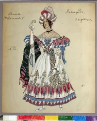 ミハイル・レールモントフ（1814-1841）による劇ル・バル・マスクの衣装デザイン（M.レルモントフによる劇「仮面舞踏会」の衣装デザイン）。 Alexander Yakovlevich Golovin (Alexander Golovin) (1863-1930) の作品、水彩画、グワッシュ、インク、鉛筆、ペン