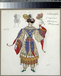 ミハイル・レールモントフ（1814-1841）による劇ル・バル・マスクの衣装デザイン（M.レルモントフによる劇「仮面舞踏会」の衣装デザイン）。 Alexander Yakovlevich Golovin (Alexander Golovin) (1863-1930) の作品、水彩画、グワッシュ、インク、鉛筆、ペン