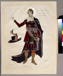 Alexandre Dargomyjski (1813-1869) によるオペラ「Le guest de pierre」の衣装デザイン (A.Dargomyzhsky によるオペラ The Stone Guest の衣装デザイン)。 Alexander Yakovlevich Golovin（Alexander Golovin）（1863-1930）の作品。 水彩、ガッシュ、e