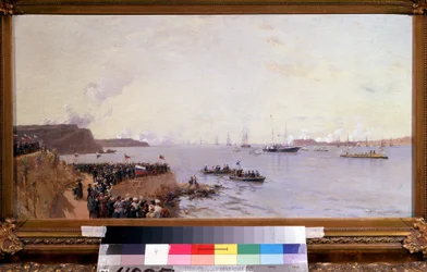 ロシア皇帝アレクサンドル 3 世 (1845-1894) のセバストポリへの到着 (皇帝アレクサンドル 3 世のセバストポリへの到着)。 Alexander Karlovich Beggrov（1841-1914）による絵画。 キャンバスに油彩、40 x 85 cm