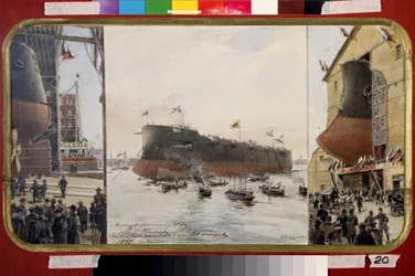 巡洋戦艦パミアト・アゾヴァの進水。 Alexander Karlovich Beggrov（1841-1914）による絵画。 紙に水彩、インク、33 x 60 cm