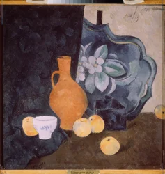 黄色の水差しと白いボウルのある静物 - Alexander Vasilyevich Shevchenko (Alexander Chevtchenko) (1883-1948) の作品、厚紙に油彩 - ロシア美術