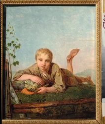 パイプを持つ羊飼いの少年 - Alexei Gavrilovich Venetsianov (1780-1847) による絵画、キャンバスに油彩、1820 年頃、ロシア美術