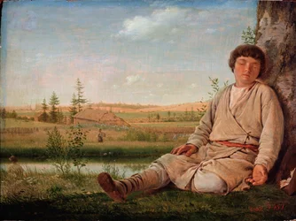 Garcon berger endormi (眠っている羊飼いの少年) - Peinture de Alexey Gavrilovich Venetsianov (1780-1847), huile sur toile