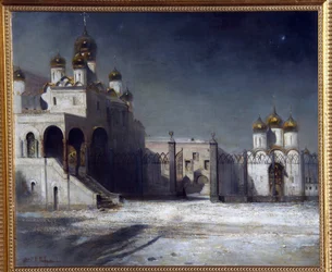 夜のモスクワ クレムリンの大聖堂広場。 (夜のモスクワ クレムリンの大聖堂広場)。 Alexei Kondratyevich Savrasov（Savrasov）（1830-1897）による絵画、キャンバスに油彩