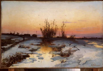 夕方、ハンノキの開花 - Alexei Kondratyevich Savrasov (1830-1897) による絵画、キャンバスに油彩、1870 年頃 - ロシア美術