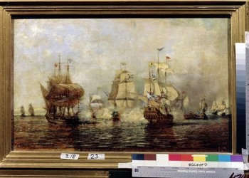 大北方戦争 (1700-1721): 1719 年 6 月 4 日のオーセル諸島での最初のロシア スウェーデン海戦 (オーセル島での最初のロシア スウェーデン海戦)。 Alexei Petrovich Bogolyubov (Bogoliubov または Bogolioubov) (1824-1896) による絵画。 あなたに油を注ぐ