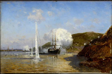 Guerre russo-turque de 1877-1878 - The Action of Nikolai Skrydlov (1844-1918) on the Danube par Alexei Petrovich Bogolyubov (Bogoliubov ou Bogolioubov) (1824-1896).