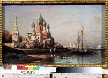 ヤロスラヴィ (ロシア) のイースター行列。 Alexei Petrovich Bogolyubov (Bogoliubov または Bogolioubov) (1824-1896) による絵画。 キャンバスに油彩、34.5 x 25.6 cm