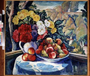 ベランダの静物。 （ベランダの静物）。 Alexei Ilyich Kravchenko (1889-1940) による絵画、キャンバスに油彩、1916 年。 ロシアの芸術、20 世紀初頭。 地方美術館、シンビルスク（またはウリアノフスク）（ロシア）。