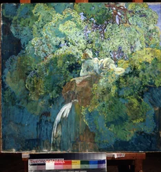 湖で（池で）。 緑に溺れた彫像が滝を越えています。 Alexei Ilyich Kravchenko (1889-1940) の絵画、キャンバスに油彩