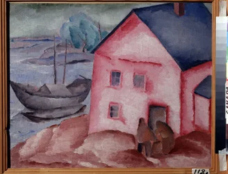 川の近くのピンクの家（川のピンクの家）。 夫婦で、ボートと係留船。 Alexei Ilyich Kravchenko (1889-1940) の絵画、キャンバスに油彩