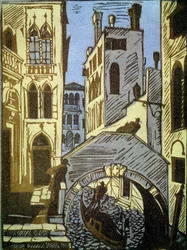ヴェネツィア、イタリア (ベニス)。 運河、ゴンドラ、橋、街のファサード。 Alexei Ilyich Kravchenko (1889-1940) の作品、木版画。 ロシアの芸術、19 ～ 20 世紀の風景。 国立トレチャコフ美術館、モスクワ。 （ロシア）。