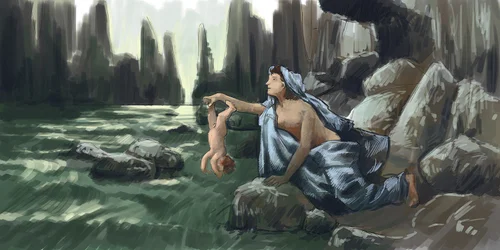 アキレスの母親は、息子を無敵にするためにステュクス川に息子のかかとを突っ込んでいる デッサン アレッサンドロ・ロナティ 2015