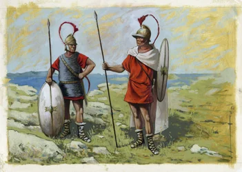 古代ギリシャ: トレオフォアの傭兵 (Thureophoros または Thureophoroi) (紀元前 3 ～ 1 世紀) (右) とトラカイト (Thorakitai) (左)。 アレッサンドロ・ロナティの絵