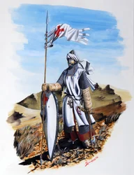 Cruzadas: um cavaleiro da Ordem dos Templários vestindo um casaco branco com a Cruz Vermelha. Ilustração de Alessandro Lonati