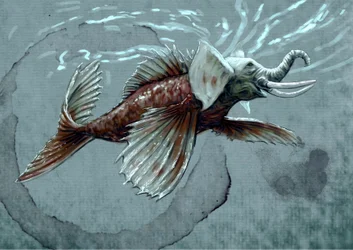 幻想的なモンスターと生き物、未確認動物学: マカラ、インドの神話上の動物の水生動物の表現、海象、ワニの歯、魚の尾に近づけるトランクを持っています - アレッサンドロ・ロンによる描画