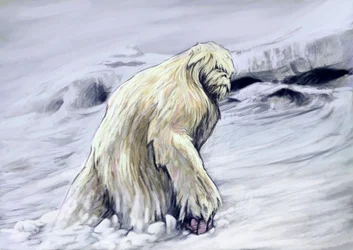 幻想的なモンスターと生き物、未確認動物学: ヒマラヤ地域の民間伝承のイエティまたは「忌まわしい雪だるま」の擬人化された生き物の表現 (イエティまたは忌まわしい雪だるまは、ネのヒマラヤ地域に生息すると言われている類人猿のような未確認生物です)