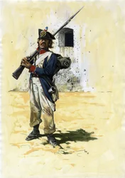 ファーストエンパイア (1804-1804 および 1815): 要塞にいる偉大なナポレオン軍のフランス歩兵旅団の歩兵および砲手。 アレッサンドロ・ロナティの絵。