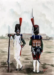 ファースト エンパイア (1804-1814 および 1815): イタリア、ミラノのスフォルツェスコ城の広場にあるナポレオン大陸軍の近衛兵の擲弾兵。 アレッサンドロ・ロナティの絵