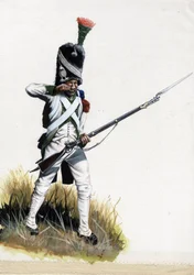 Primeiro Império (1804-1814 e 1815): Velite soldado do grande exército napoleônico na Itália abrindo um cartucho. Desenho de Alessandro Lonati