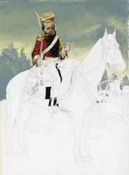 ファーストエンパイア (1804-1814 および 1815): フランスの偉大なナポレオン軍の軽騎兵の兵士。 アレッサンドロ・ロナティによる未完成のドローイング。