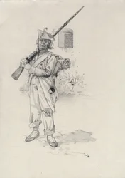 最初の帝国 (1804-1814 または 1815): ナポレオン軍の兵士、砦のライダー旅団の歩兵兵士。 アレッサンドロ・ロナティの絵