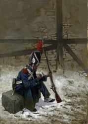 First Empire: Vartijakranaatteri takin päällä istumassa lumessa. Piirustus Alessandro Lonati